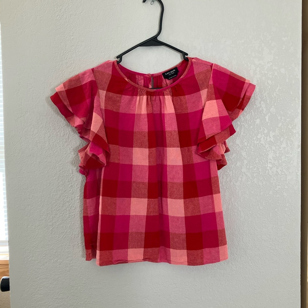 Kate Spade Picnic Plaid Woven Flutter-Sleeve shirt Size M